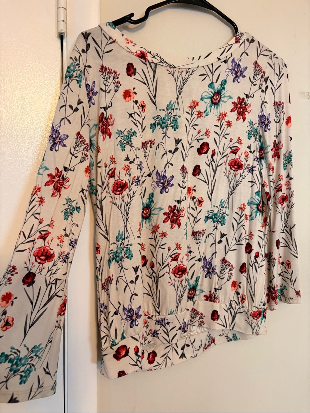 LOFT Cream Floral Long-Sleeve Blouse with Red, Teal & Purple Flowers